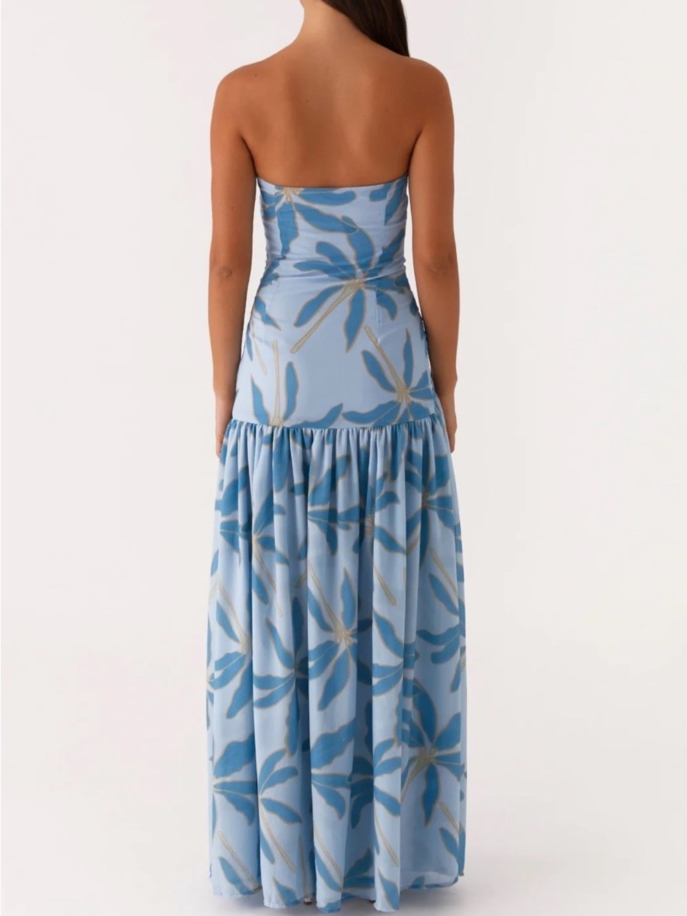 Sky Blue Strapless Floral Maxi Dress with High Slit - Picture 2 of 2